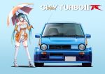  1girl 3books :d aqua_hair blue_background blue_eyes breasts car cleavage elbow_gloves eyebrows_visible_through_hair full_body gloves goodsmile_racing ground_vehicle hatsune_miku high_heels holding holding_umbrella honda honda_city long_hair looking_at_viewer medium_breasts motor_vehicle open_mouth orange_gloves race_queen racing_miku silver_footwear simple_background sleeveless smile solo thighhighs twintails umbrella vehicle_name vocaloid white_legwear 