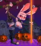  2020 absurd_res ambiguous_gender anthro blush breasts clenched_teeth clothing daimo dancing disney female female_focus fishnet fishnet_armwear fishnet_legwear fishnet_topwear food fruit full-length_portrait genitals grin group halloween hi_res holidays judy_hopps lagomorph legwear leporid looking_at_viewer mammal mostly_nude nipples on_one_leg one_leg_up plant pole pole_dancing portrait presenting presenting_pussy pumpkin pussy rabbit radaq raised_leg smile solo_focus spread_legs spreading standing stripper_pole teeth zootopia 