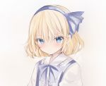  1girl alice_margatroid alice_margatroid_(pc-98) bangs beige_background blonde_hair blue_eyes blue_hairband blue_neckwear blue_ribbon blush bow bowtie commentary_request hair_ribbon hairband looking_at_viewer nanase_nao ribbon shirt short_hair solo touhou touhou_(pc-98) white_shirt 