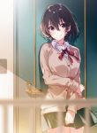  1girl bangs blurry_foreground blush breasts brown_cardigan brown_eyes brown_hair brown_sweater cardigan closed_mouth commentary cover_image cowboy_shot door doorknob eyebrows_visible_through_hair fence hair_between_eyes highres large_breasts long_sleeves looking_at_viewer miniskirt neck_ribbon novel_illustration official_art otonari-san_to_hajimeru_setsuyaku_seikatsu. outdoors red_neckwear red_ribbon ribbon school_uniform short_hair skirt smile sweater textless u35 wing_collar 