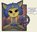  2020 animal_crossing ankha_(animal_crossing) anthro bed blue_hair bodily_fluids bottomless clothed clothing cowgirl_position dialogue domestic_cat duo egyptian english_text felid feline felis female female_focus female_on_top female_penetrated first_person_view furniture hair hi_res itsunknownanon looking_at_viewer male male/female male_on_bottom male_penetrating male_penetrating_female male_pov mammal nintendo on_bed on_bottom on_top penetrating_pov penetration power_bottom sex solo_focus speech_bubble sweat talking_to_viewer text video_games 