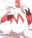  2020 anthro belly blush claws cute_fangs dorobo_39 fur hi_res kemono lying nintendo overweight overweight_anthro pok&eacute;mon pok&eacute;mon_(species) red_body red_fur solo video_games white_body white_fur zangoose 