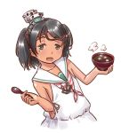  1girl :d black_eyes black_hair bowl braid commentary_request dress eyebrows_visible_through_hair holding holding_bowl holding_spoon kantai_collection karasu_(naoshow357) looking_at_viewer mole mole_under_eye neckerchief open_mouth oshiruko_(food) pun sailor_collar sailor_dress scirocco_(kantai_collection) short_hair simple_background sleeveless sleeveless_dress smile solo spoon striped striped_neckwear tan tareme two_side_up upper_body white_background white_sailor_collar 