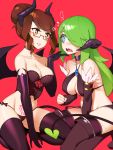  ! 2girls bikini blue_eyes blush breasts brown_hair brown_legwear cleavage commentary commission corset demon_girl demon_tail demon_wings elbow_gloves english_commentary eye_contact gloves green_hair hair_bun halphelt heart highres horns kneeling large_breasts long_hair looking_at_another multiple_girls open_mouth original pubic_tattoo purple_gloves red_background simple_background smile swimsuit tail tattoo thighhighs wide-eyed wings yuri 