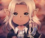  1boy armor braid brown_eyes cape_removed chekkit collared_shirt dark_skin english_commentary expressionless eyelashes final_fantasy final_fantasy_xiv forehead highres lalafell male_focus medium_hair pipin_tarupin platinum_blonde_hair pointy_ears shirt shoulder_armor side_braid solo 
