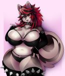 anthro beelzbat big_breasts breasts canid canine canis clothing collar domestic_dog elkhound facial_piercing female hair hi_res huge_breasts mammal mixi_elkhound multicolored_hair nose_piercing nose_ring piercing red_eyes septum_piercing solo spiked_collar spikes spitz tagme two_tone_hair 