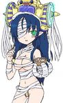  1girl artist_request bandage bandages blue_hair blush breasts cleavage egyptian female green_eyes headdress long_hair lowres monster_girl mummy simple_background solo white_background 