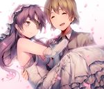  1girl =_= amputee backlighting bare_shoulders blush bridal_veil brown_hair carrying couple dress dsmile elbow_gloves eyepatch formal gloves hetero long_hair mirai_nikki nishijima_masumi open_mouth petals princess_carry purple_eyes purple_hair short_hair simple_background smile stump_cover suit uryuu_minene veil wedding_dress white_background white_gloves 