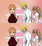  1boy 2girls angry bare_shoulders black_dress blonde_hair breasts charlotte_pudding cleavage dress highres large_breasts long_hair meme multiple_girls nami_(one_piece) one_piece sanji smile 