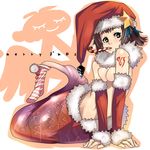  amami_haruka aqua_eyes arm_support arm_warmers ban breast_squeeze breasts brown_hair candy candy_cane christmas detached_sleeves drill food fur_trim green_eyes hat idolmaster idolmaster_(classic) idolmaster_1 mermaid monster_girl mouth_hold nipple_slip nipples no_bra resting santa_hat scales short_hair small_breasts socks solo star striped striped_legwear tattoo topless 