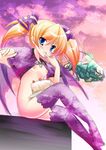  bat_wings blonde_hair blue_eyes blush breasts cake cape capelet casper_(deathsmiles) cloud darius darius_gaiden deathsmiles eating fatty_glutton flat_chest food naked_capelet nipples pastry sitting sky small_breasts solo thighhighs twintails wings 