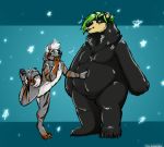  anthro belly black_body black_fur brown_body brown_fur canid canine canis danji-isthmus domestic_dog duo featureless_crotch fur grey_body grey_fur male mammal nude overweight overweight_male poking ursid 