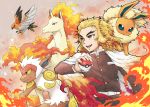  1girl :d absurdres belt belt_buckle bird blonde_hair brown_jacket brown_pants buckle cape character_request commentary_request fire flareon gen_1_pokemon gen_4_pokemon gradient_hair highres holding holding_poke_ball infernape jacket kimetsu_no_yaiba long_hair long_sleeves monkey mono_land multicolored_hair open_mouth pants poke_ball poke_ball_(basic) pokemon pokemon_(creature) rapidash red_eyes red_hair rengoku_kyoujurou smile white_belt white_cape 