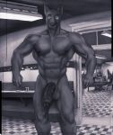  abs ahundred bar biceps canid canine canis domestic_dog foreskin genitals great_dane hi_res male mammal mastiff molosser monochrome muscle_tone muscular muscular_male muscular_thighs partially_retracted_foreskin penis solo tiled_floor uncut vein veiny_penis 