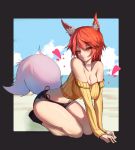  1girl all_fours animal_ears breasts cleavage cloud collarbone eyebrows_visible_through_hair fox_ears fox_girl fox_tail heart kuroha_(rockluo213) large_breasts looking_at_viewer midriff navel ocean off_shoulder original outdoors red_hair short_hair solo sweater tagme tail tamamo_no_mae_(mythology) yellow_eyes 