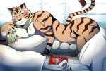  2020 abs anthro bearlovestiger13 bed bed_covers bed_sheet bedding biceps blue_eyes blush chest_tuft claws felid finger_claws flaccid food fur furniture genitals looking_at_viewer lying male mammal muscular muscular_anthro muscular_male nude on_bed on_side orange_body orange_fur pantherine pecs penis pillow pinup pocky pocky_in_mouth pose pubes quads solo striped_body striped_fur stripes tiger triceps tuft under_covers 