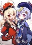  2girls :d absurdres bag bead_necklace beads blonde_hair braid braided_ponytail cabbie_hat dress genshin_impact gloves hat highres jewelry jiangshi klee_(genshin_impact) long_sleeves multiple_girls necklace open_mouth osuti pointy_ears purple_eyes purple_hair qiqi red_eyes short_twintails smile twintails 