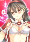  1girl :3 bikini bikini_top black_hair breasts brown_eyes cape christmas_tree commentary_request covered_nipples fur-trimmed_cape fur_trim hair_ornament hairband hairclip haruna_(kantai_collection) highres kantai_collection kumichou_(nakasato-gumi) long_hair medium_breasts red_background red_cape red_hairband solo swimsuit white_bikini wrist_cuffs 