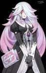  1girl absurdres artist_name black_background black_dress black_survival book carcass_(artist) chiara_(black_survival) dress gloves gradient_hair hair_over_one_eye highres long_hair looking_at_viewer multicolored_hair pink_hair simple_background solo very_long_hair white_hair 