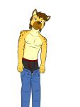  3:4 anthro bottomwear boxer_briefs clothed clothing denim denim_clothing fuze fuzeyeen hi_res hyaenid jeans male mammal navel nipples pants pants_down partially_clothed portrait simple_background solo spotted_hyena three-quarter_portrait topless underwear undressing white_background 