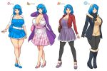  1girl autumn bangs blue_dress blue_hairband blue_jacket boots breasts brown_eyes cleavage dress english_commentary erkaz fur_trim gloves hairband high_heels highres huge_breasts jacket medium_hair open_mouth original pink_skirt red_jacket ribbed_sweater rina_atherina skirt smile spring_(season) summer sweater variations white_background white_gloves white_hairband winter 