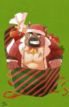  2020 anthro belly brown_body brown_fur canid canine canis christmas christmas_clothing christmas_headwear clothing domestic_dog fur green_background hat headgear headwear hi_res holidays kemono male mammal overweight overweight_anthro overweight_male santa_hat sawch_cls scar simple_background solo tokyo_afterschool_summoners video_games yasuyori 