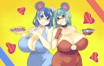  2girls absurdres animal_ears aqua_eyes aqua_hair bangs bare_shoulders between_breasts blue_dress borrowed_character braid breasts brown_eyes chinese_zodiac cleavage covered_navel dress dripping eating english_commentary eyebrows_visible_through_hair fake_animal_ears heart highres holding holding_plate honey huge_breasts looking_at_viewer meganeoppai mouse_ears multiple_girls original plate red_dress rina_atherina twin_braids year_of_the_rat 
