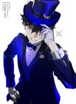  1boy absurdres alternate_costume amamiya_ren artist_name bangs black_hair blue_eyes blue_headwear blue_jacket blue_neckwear bow bowtie btmr_game dated formal gloves hair_between_eyes hat hat_tip highres jacket male_focus persona persona_5 simple_background solo sparkle suit thank_you top_hat white_background white_gloves 