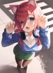  1girl :o animal_ears arms_up banned_artist blue_cardigan blue_eyes blush breasts brown_legwear cardigan cat_ears cat_girl claw_pose cleavage collared_shirt day fang foreshortening from_above go-toubun_no_hanayome green_skirt hair_over_one_eye headphones headphones_around_neck hinaki_(hinaki_0102) kemonomimi_mode large_breasts long_hair long_sleeves looking_at_viewer looking_up medium_breasts miniskirt nakano_miku no_shoes open_mouth pantyhose pleated_skirt red_hair school_uniform shirt skin_fang skirt solo sunlight white_shirt 