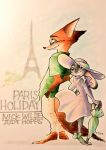  2018 anthro arm_tuft barefoot bottomwear canid canine clothed clothing dipstick_ears disney dress duo eiffel_tower elbow_tufts english_text female fox fully_clothed fur grey_body grey_fur hands_in_pockets hat headgear headwear holding_object judy_hopps lagomorph leporid light lighting looking_back male mammal multicolored_ears nick_wilde orange_body orange_fur pants pockets rabbit red_fox shirt simple_background smile standing text topwear tuft umbrella ys_kzoo zootopia 