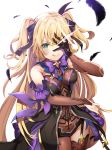  1girl bangs bare_shoulders blonde_hair blush bodystocking bow breasts commentary eyepatch feathers fischl_(genshin_impact) garter_straps genshin_impact gloves green_eyes hair_over_one_eye highres long_hair looking_at_viewer purple_bow purple_neckwear renka_(renkas) single_glove single_leg_pantyhose single_thighhigh small_breasts smile solo thighhighs thighs two_side_up 