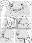  2020 5_fingers anthro bodily_fluids comic crying dialogue digital_media_(artwork) duo english_text eye_scar facial_scar fingers fish glacierclear hi_res human male male/male mammal marine monochrome muscular open_mouth scar shark sharp_teeth simple_background tears teeth text white_background 