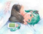  1girl aqua_eyes aqua_hair bed black_sweater commentary dual_persona futon hair_ornament hair_ribbon hands_together hatsune_miku long_hair looking_at_viewer lying mayo_riyo minigirl mouth_drool on_side ribbed_sweater ribbon sideways_glance sleeping sleeveless_sweater smile solo sweater twintails under_covers very_long_hair vocaloid 