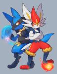  1boy 1girl :&lt; animal_ears artist_name aura bunny_ears bunny_tail cinderace closed_mouth crossed_arms eye_contact fire fireball full_body furry gen_4_pokemon gen_8_pokemon grey_background hands_up happy highres jpeg_artifacts legs_apart looking_at_another looking_to_the_side lucario nullma pawpads paws pokemon pokemon_(creature) rabbit_girl red_eyes red_hair short_hair signature simple_background smile spikes standing tail wolf_boy wolf_ears wolf_tail 