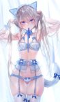  1girl 9a-91_(girls_frontline) absurdres animal_ears armpits arms_up ass_visible_through_thighs bare_arms bare_shoulders blue_eyes blue_ribbon bra breasts bunching_hair cat_ears cat_girl cat_tail choker cowboy_shot frilled_choker frills garter_belt garter_straps girls_frontline hair_ornament halterneck headdress highres kemonomimi_mode lingerie long_hair looking_at_viewer mouth_hold navel pottsness ribbon silver_hair skindentation small_breasts solo standing stomach tail thigh_gap thighhighs thighs twintails underwear underwear_only very_long_hair white_bra white_legwear 
