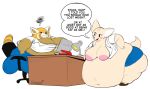  2018 aggressive_retsuko ailurid anthro belly belly_overhang big_belly big_breasts big_butt breasts butt canid canine chair colored dawmino dialogue digital_drawing_(artwork) digital_media_(artwork) duo english_text female fennec fenneko fox furniture huge_butt hyper hyper_belly mammal morbidly_obese morbidly_obese_anthro morbidly_obese_female nipples obese obese_anthro obese_female office_chair overweight overweight_anthro overweight_female red_panda retsuko sanrio stapler text the-anonymous88 thick_thighs wide_hips workplace 