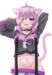  1girl ;d ahoge animal_ear_fluff animal_ears arms_up black_sweater blush breasts cat_ears cat_girl cat_tail collar cowboy_shot deaver fang food_print highres hololive long_sleeves looking_at_viewer medium_breasts midriff navel nekomata_okayu one_eye_closed open_mouth pink_hair print_sweater purple_eyes short_hair simple_background skin_fang sleeves_past_wrists smile solo stomach sweater tail tears virtual_youtuber white_background wiping_tears 