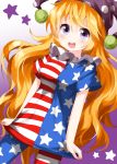  1girl american_flag american_flag_legwear american_flag_shirt bangs blonde_hair clownpiece cowboy_shot eyebrows_visible_through_hair fairy_wings gradient gradient_background hair_between_eyes hat highres holding holding_clothes holding_shirt jester_cap long_hair looking_at_viewer neck_ruff open_mouth polka_dot_headwear purple_background purple_eyes purple_headwear ruu_(tksymkw) shirt simple_background solo standing star_(symbol) star_print striped striped_legwear striped_shirt teeth touhou wings 