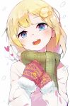  1girl absurdres blonde_hair blue_eyes blush eyebrows_visible_through_hair fur_trim green_scarf hair_ornament hands_up head_tilt heart highres hololive hololive_english looking_at_viewer medium_hair mittens nendo23 open_mouth pink_sweater scarf smile snow solo speech_bubble spoken_heart sweater tareme teeth upper_body watson_amelia 