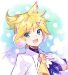  1boy bow bowtie commentary earmuffs formal fur-trimmed_gloves fur_trim fuzichoco gloves headphones headset highres kagamine_len looking_at_viewer magical_mirai_(vocaloid) male_focus open_mouth short_ponytail signature smile solo spiked_hair suit upper_body vocaloid white_gloves white_suit 