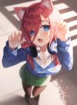  1girl :o animal_ears arms_up banned_artist blue_cardigan blue_eyes blurry blush breasts brown_legwear cardigan cat_ears cat_girl claw_pose cleavage collared_shirt commentary_request day depth_of_field fang foreshortening from_above go-toubun_no_hanayome green_skirt hair_over_one_eye headphones headphones_around_neck hinaki_(hinaki_0102) kemonomimi_mode large_breasts long_hair long_sleeves looking_at_viewer looking_up medium_breasts miniskirt nakano_miku no_shoes open_mouth pantyhose pleated_skirt red_hair school_uniform shirt skin_fang skirt solo sunlight white_shirt 