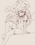  1girl arinu bare_legs barefoot blush breasts clownpiece drawstring fairy_wings floating_hair hat highres hood hoodie jester_cap knee_up light_smile long_hair looking_at_viewer medium_breasts monochrome short_sleeves sitting sketch solo tongue tongue_out touhou wings 