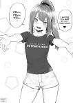  1girl bangs blush clothes_writing commentary contrapposto destiny_(game) english_commentary english_text fingernails flat_chest greyscale highres incoming_hug long_hair looking_at_viewer melissa_renata meme monochrome my_little_pogchamp_(meme) norman_maggot original outstretched_arms petite shorts solo speech_bubble standing 