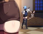  2girls amber_(genshin_impact) ass ball_gag bare_back baron_bunny_(genshin_impact) black_legwear black_leotard blue_hair blurry bound brown_shorts cape commentary depth_of_field english_commentary eula_(genshin_impact) from_behind gag genshin_impact highres hinghoi holding holding_whip leotard long_hair multiple_girls out_of_frame pocket red_legwear shibari short_hair short_shorts shorts sidelocks stuffed_animal stuffed_bunny stuffed_toy thighhighs tied_up_(nonsexual) whip window zettai_ryouiki 