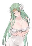  1girl breasts cleavage dress fire_emblem fire_emblem:_three_houses flower green_eyes green_hair hair_flower hair_ornament highres kisetsu large_breasts long_hair parted_lips rhea_(fire_emblem) simple_background solo upper_body white_background white_dress 
