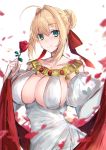  1girl absurdres ahoge bangs bare_shoulders blonde_hair blush braid breasts cleavage detached_sleeves dress earrings fate/extra fate/grand_order fate_(series) flower french_braid green_eyes hair_bun hair_intakes hair_ribbon heroic_spirit_formal_dress highres hitomin_(ksws7544) jewelry large_breasts long_hair looking_at_viewer necklace nero_claudius_(fate) nero_claudius_(fate)_(all) petals puffy_sleeves red_ribbon ribbon rose simple_background smile thighlet white_background white_dress 