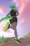  2020 2:3 anthro breasts clothing day detailed_background digital_media_(artwork) dragon female footwear green_eyes outside shoes sinalanf sky solo wingless_dragon 