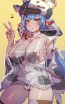  1girl animal_ears animal_print bangs blue_hair blush bow_(bhp) breasts covered_nipples cow_ears cow_girl cow_hat cow_horns cow_print draph ear_piercing granblue_fantasy hand_up hood hoodie horns large_breasts long_hair looking_at_viewer nipples no_bra open_mouth piercing pointy_ears revision see-through shatola_(granblue_fantasy) short_shorts shorts simple_background solo thick_eyebrows v yellow_background yellow_eyes 