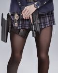  1girl blazer blue_background fine_fabric_emphasis gun handgun highres holding holding_gun holding_weapon holster jacket koh_(minagi_kou) long_sleeves miniskirt original pantyhose pistol plaid plaid_skirt school_uniform simple_background skirt solo tagme thigh_holster watch weapon wristwatch 