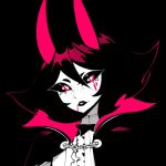  1girl black_sclera commentary english_commentary freckles halftone halphelt head_tilt high_collar horns lipstick looking_at_viewer makeup medium_hair monochrome nes_(halphelt) original pink_eyes pink_theme smile solo vampire 